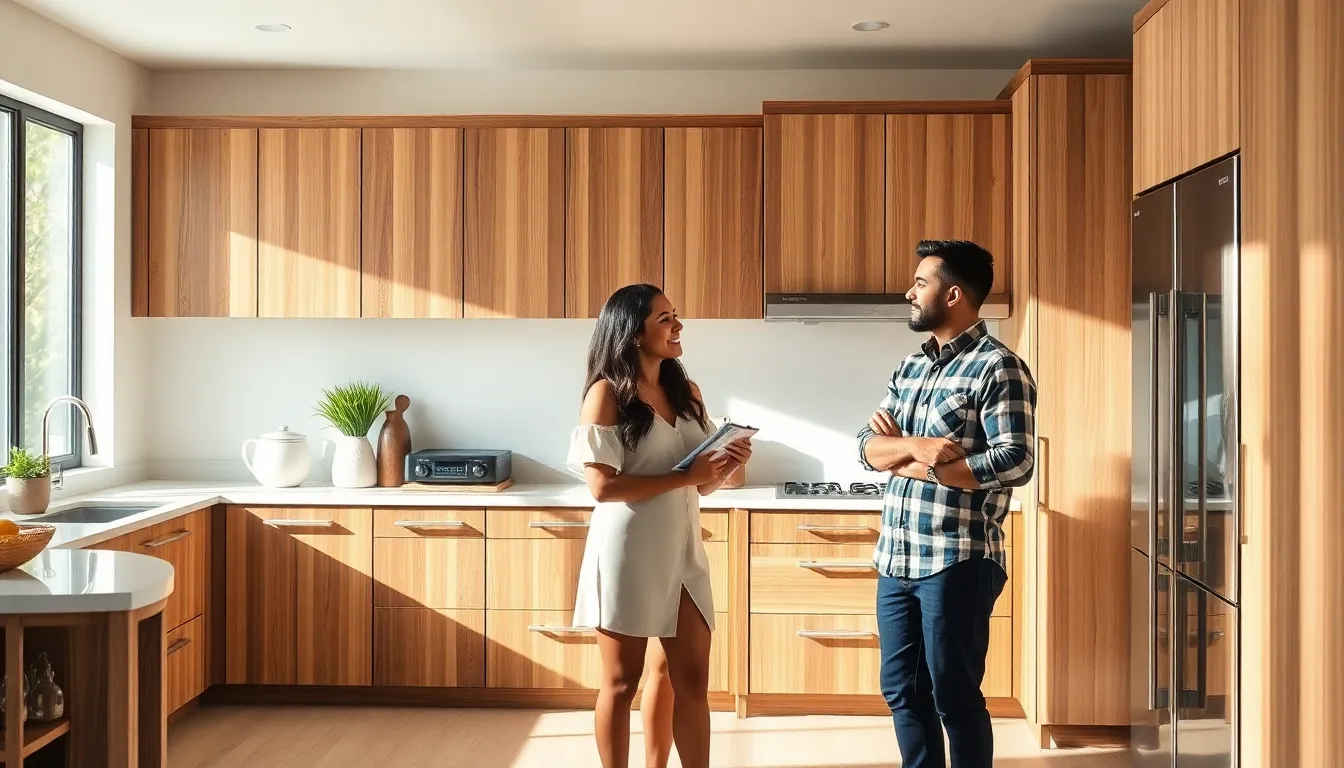 modern kitchen featuring sustainable bamboo and reclaimed wood cabinets.
