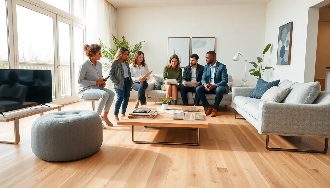 diverse group discussing sustainable flooring options in a modern living room.