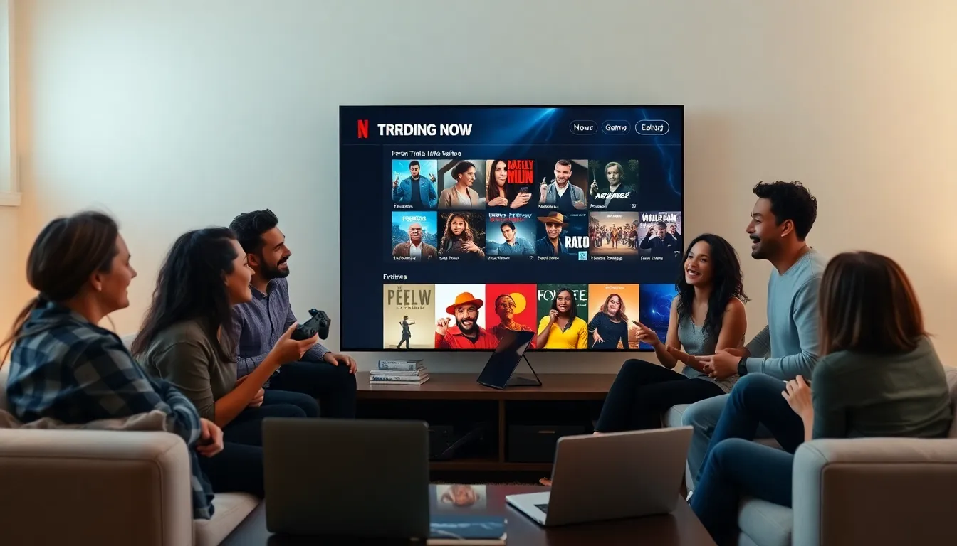 friends enjoying Netflix's trending section in a cozy living room.