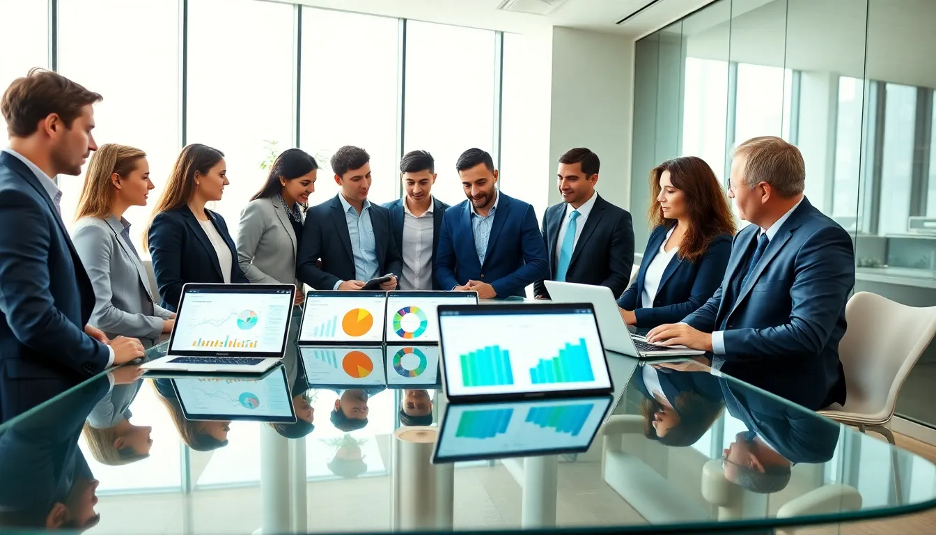 Diverse HR team collaborating on payroll management tools in a modern office.