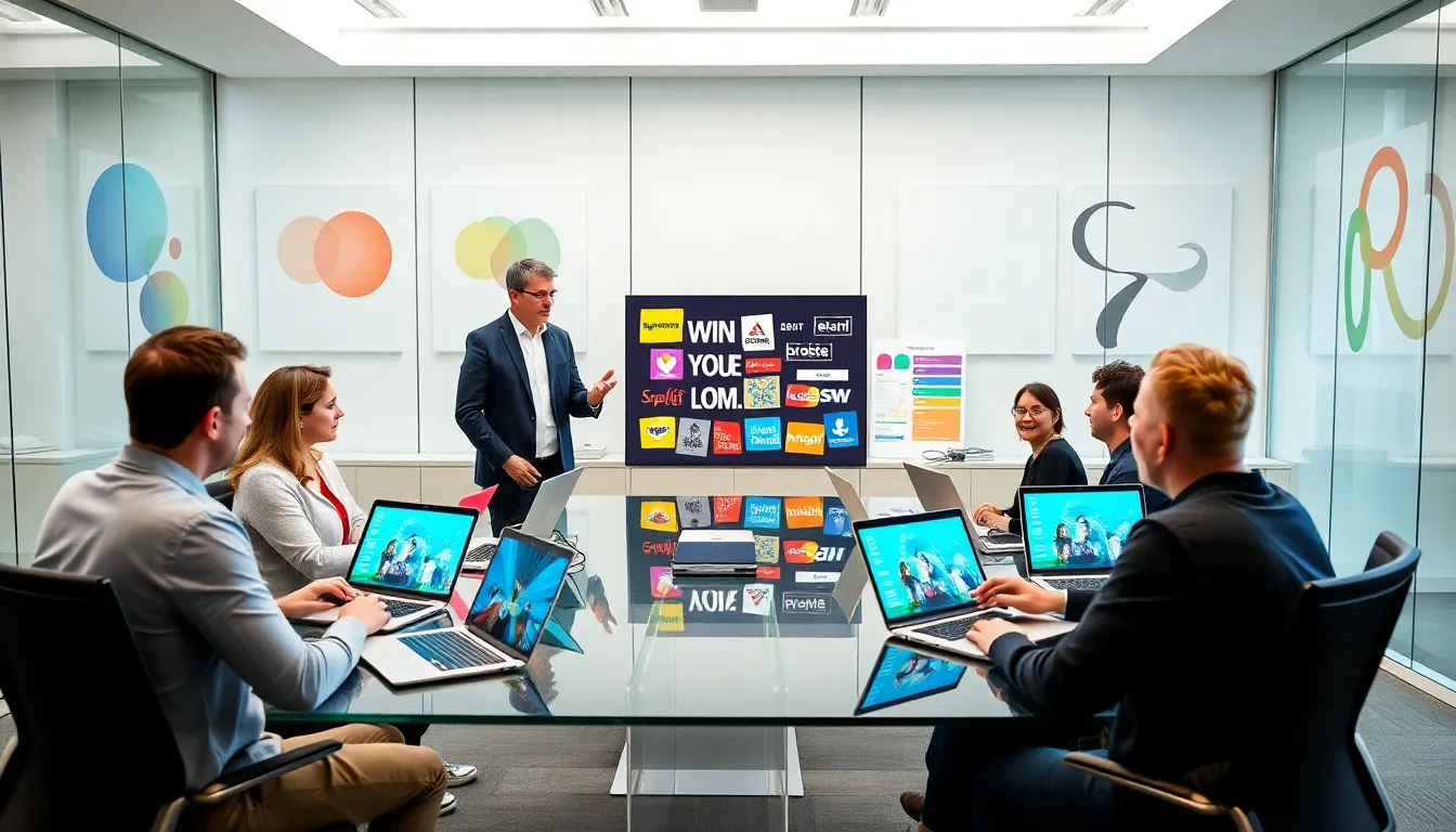 diverse team discussing branding trends in a modern office.
