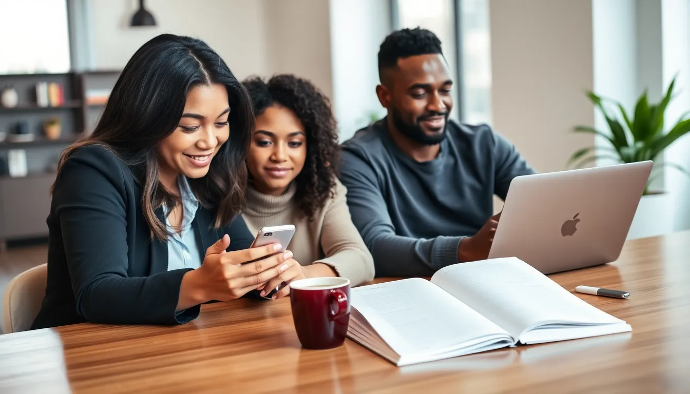 diverse professionals learning languages using apps in a modern office.